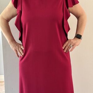 Tristan Red Sheath Dress with Ruffled Flutter Sleeves